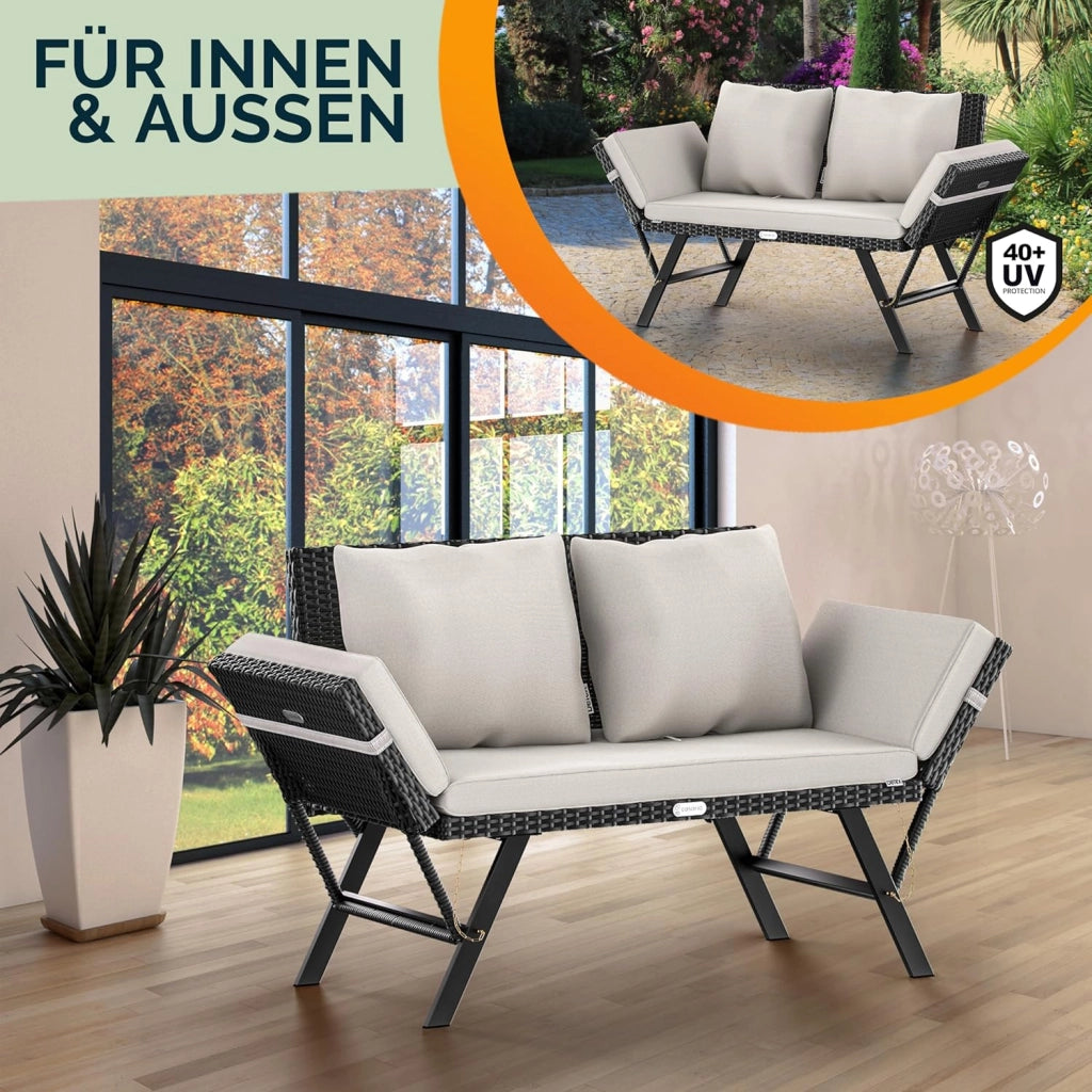 ® Panca da Giardino in Polyrattan Reclinabile Braccioli Regolabili Resistente Divano da Esterno Terrazza Balcone