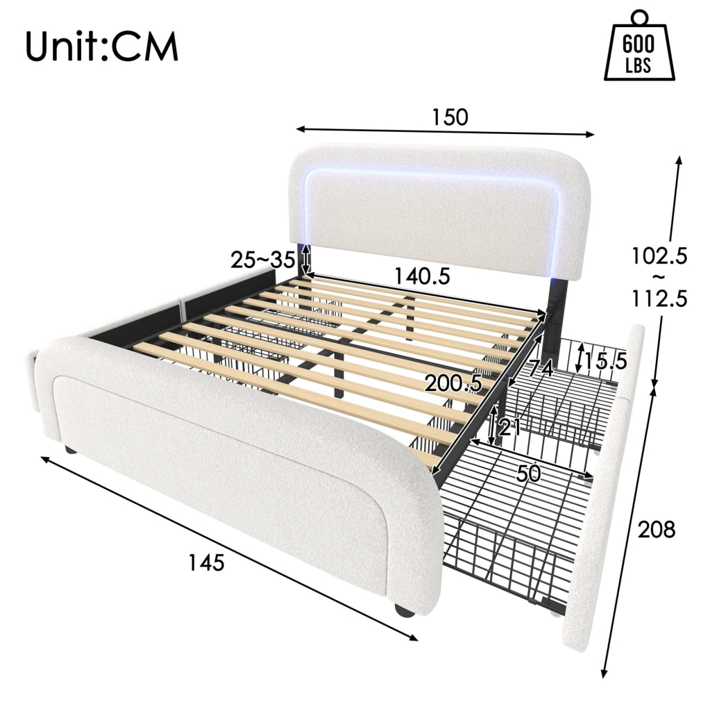 Letto imbottito 140x200 cm in Sherpa bianco con USB Type-C; LED e 4 cassetti