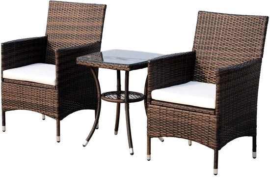 Set da giardino per 2 persone con tavolo e cuscini – giardino esterno – resistente al tempo – marrone - sedute comode