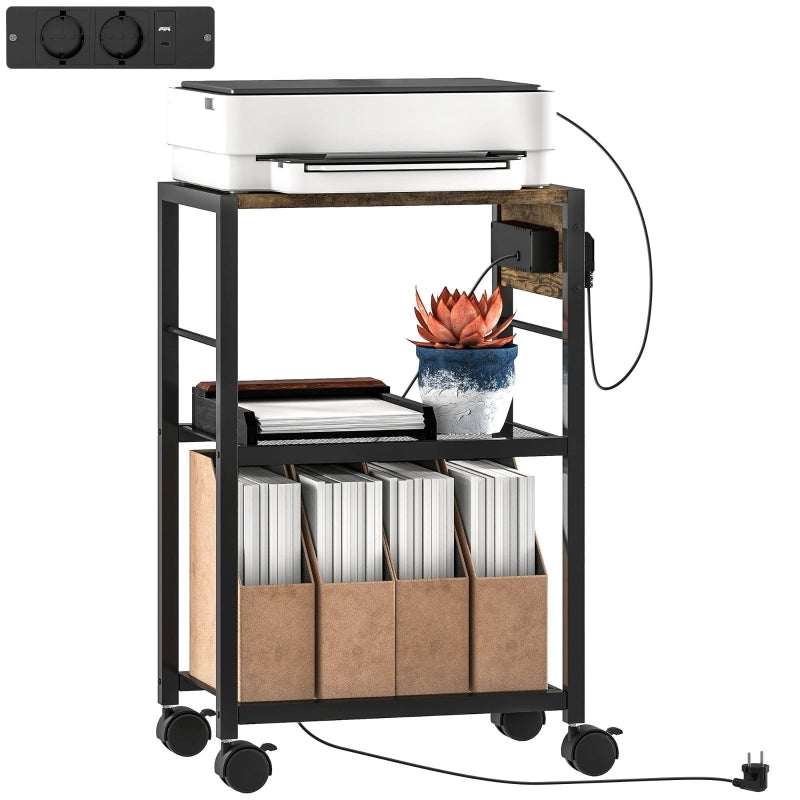 Scaffale con prese, porte USB e USB-C con ruote per ufficio domestico, MDF e acciaio, marrone rustico 42×28×64.5 cm
