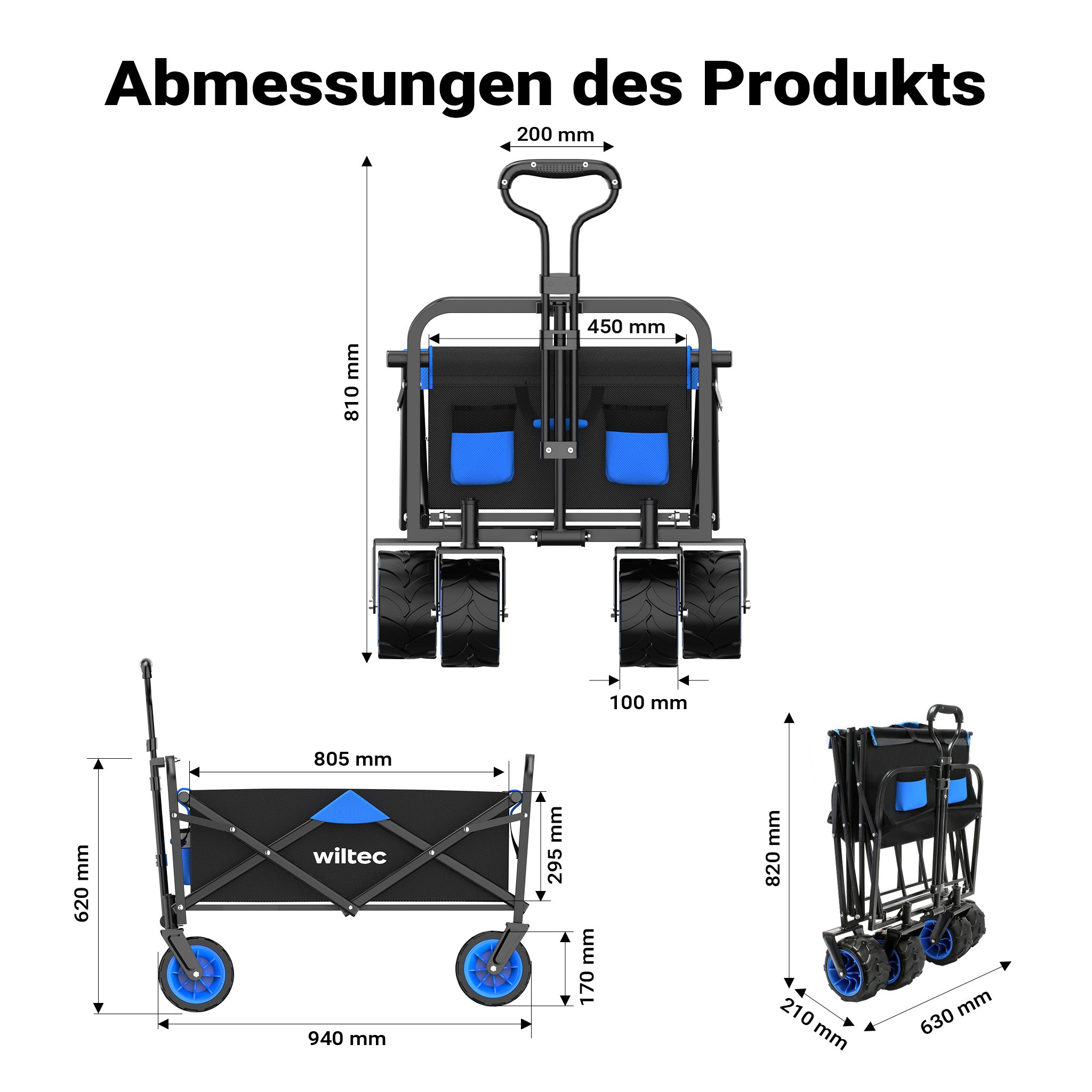Carretto a mano pieghevole, max 100 kg, tessuto impermeabile nero-blu, carrello