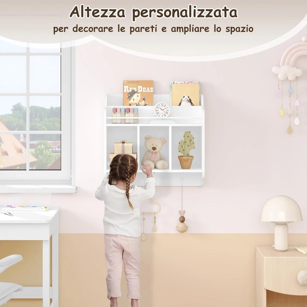 Scaffale per Bambini, Scaffale a Muro per Libri, Scaffale a Muro per Libri, Unità di Archiviazione con 3 Cubi Aperti, 4 Pomelli per Appendere, Mobili per Asilo Nido, Bianco