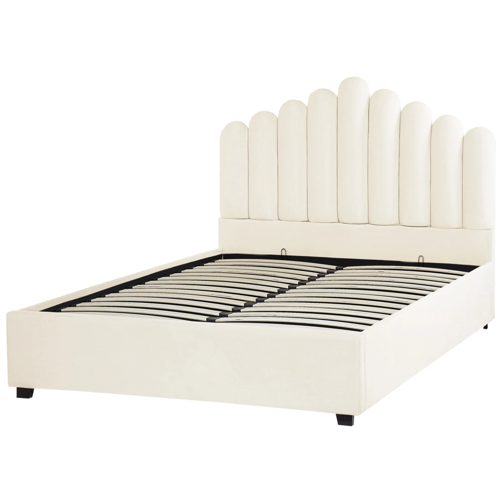 Letto contenitore matrimoniale rete a doghe velluto bianco sporco 140 x 200 testiera a conchiglia