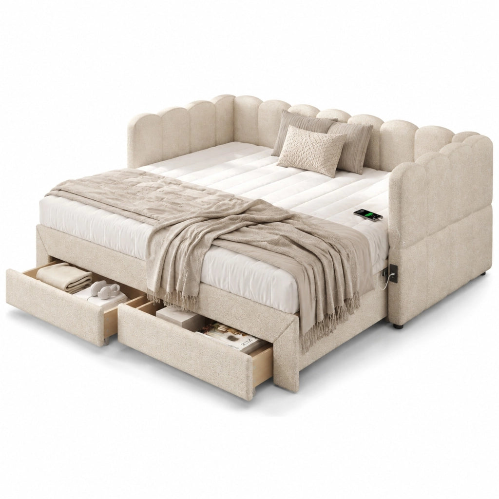 Daybed estraibile 90x190 cm trasformabile in 180x190 cm; con cassetti; USB e Type-C; beige