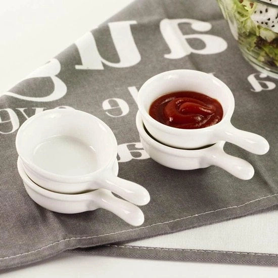 Set di mini piatti per condimenti ceramici da 6 pezzi - ketchup - servizio per piatti secondari - piatto per relish - piatto per spezie - piatto per soia - ramekin per piatti da cucina con maniglia e manico - bianco