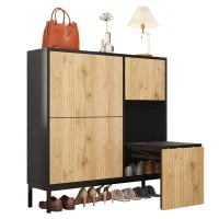 Scarpiera con sgabello per cambio scarpe, 3 ante con ripiani, 100x25x100 cm, Nero e Legno naturale