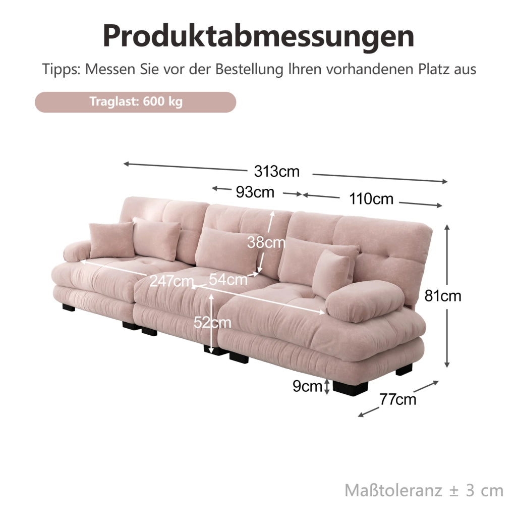 Divano modulare 3 posti con seduta profonda in chenille vintage rosa