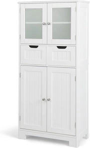 Armadio da Terra con 4 Ante, Mobile da Bagno con 2 Ante in Vetro 2 Cassetti e Ripiani Regolabili, Armadio Multifunzionale per Bagno e Soggiorno (Bianco, 60x30x128cm)