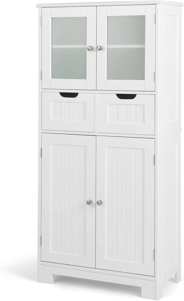 Armadio da Terra con 4 Ante, Mobile da Bagno con 2 Ante in Vetro 2 Cassetti e Ripiani Regolabili, Armadio Multifunzionale per Bagno e Soggiorno (Bianco, 60x30x128cm)
