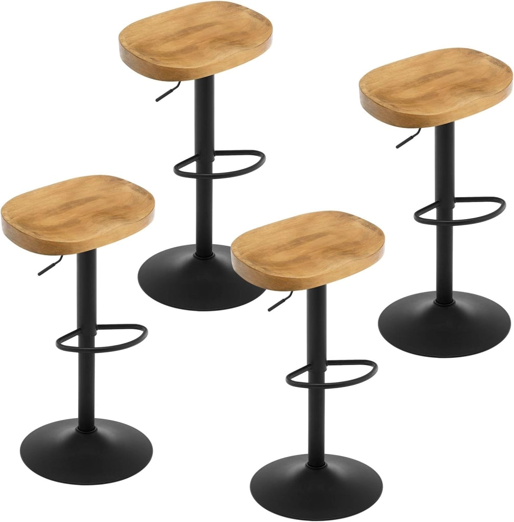 Sgabelli da Bar Set di 4, Sgabelli da Bar per Colazione in Legno Massiccio, Sgabelli da Cucina a Sella, Altezza Regolabile, Sgabelli Girevoli a 360° con Poggiapiedi, legno scuro,BH413dc-4