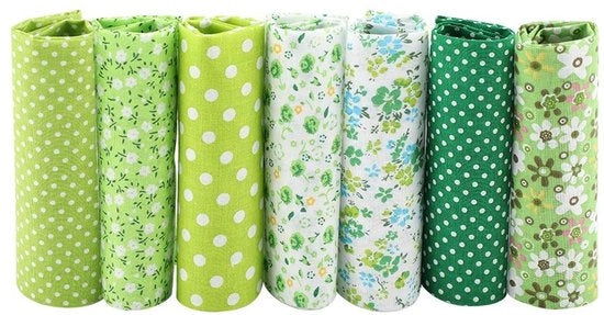 Set di stoffe in cotone per patchwork - 7 pezzi 50 x 50 cm - Verde - Adatto per cuscini e abbigliamento - Ideale per progetti di DIY e cucito.