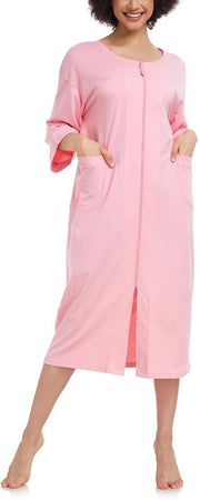 Badjas da donna con cerniera, 100% cotone, giacca da camera leggera, giacca da donna, lunga con tasche, taglia M-XXL (rosa, L)