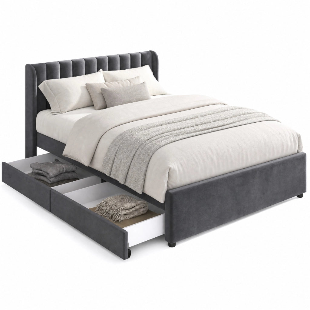 Letto imbottito in velluto grigio 180x200 cm con rete a doghe e 2 cassetti