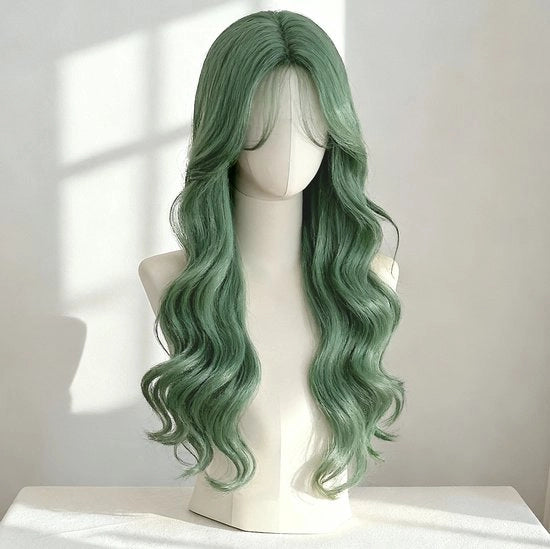 Pruik femminile per fronte, volume naturale senza righe in mezzo per capelli di otto centimetri, grandi onde e capelli ondulati lunghi, copertura totale, 60cm, verde estate.