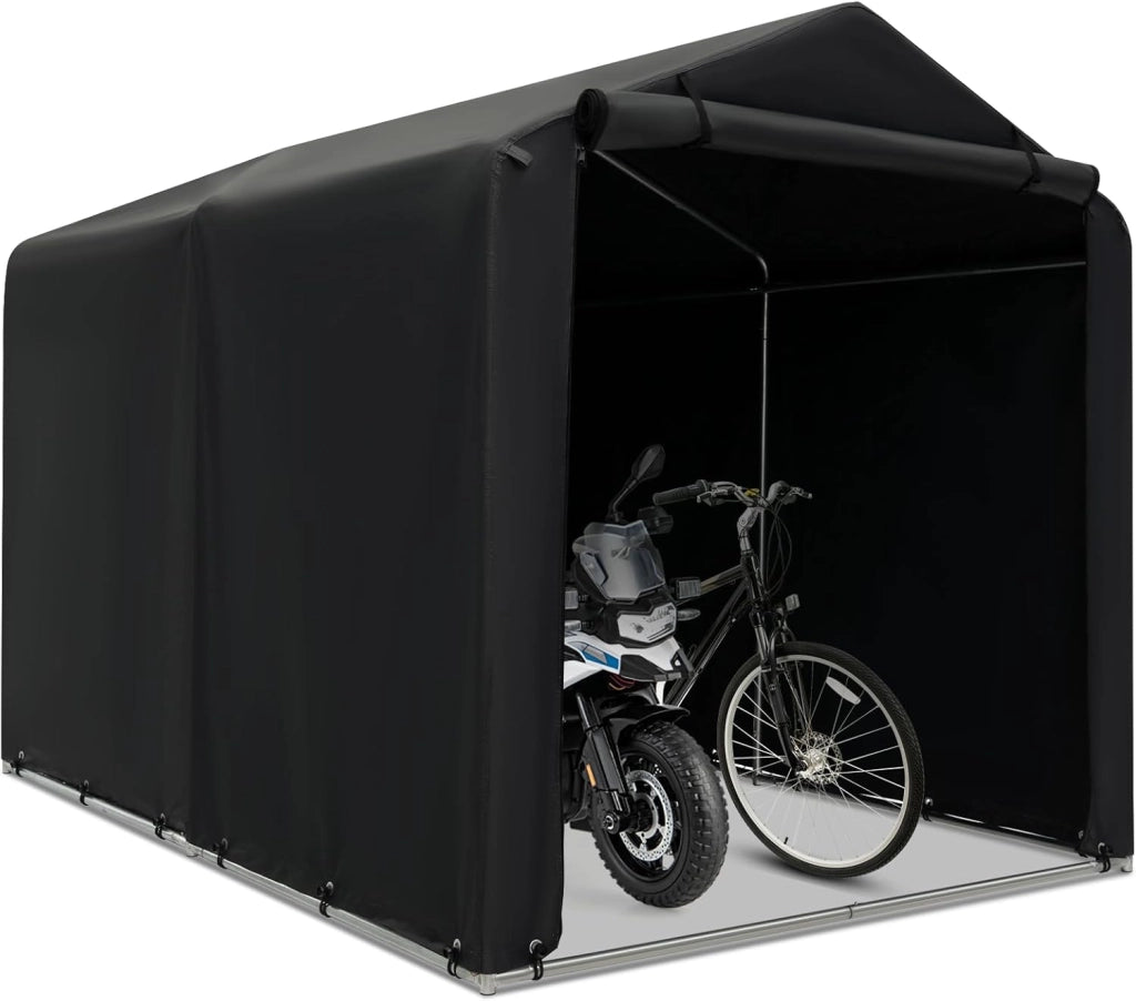 Capanno da Giardino 218 X 160 X 164 CM, Tenda Garage per Bici Moto Attrezzi, con Copertura en PE Impermeabile, Porta con Cerniera, Telaio in Metallo, Picchetti, per Esterno (Grigio Chiaro)