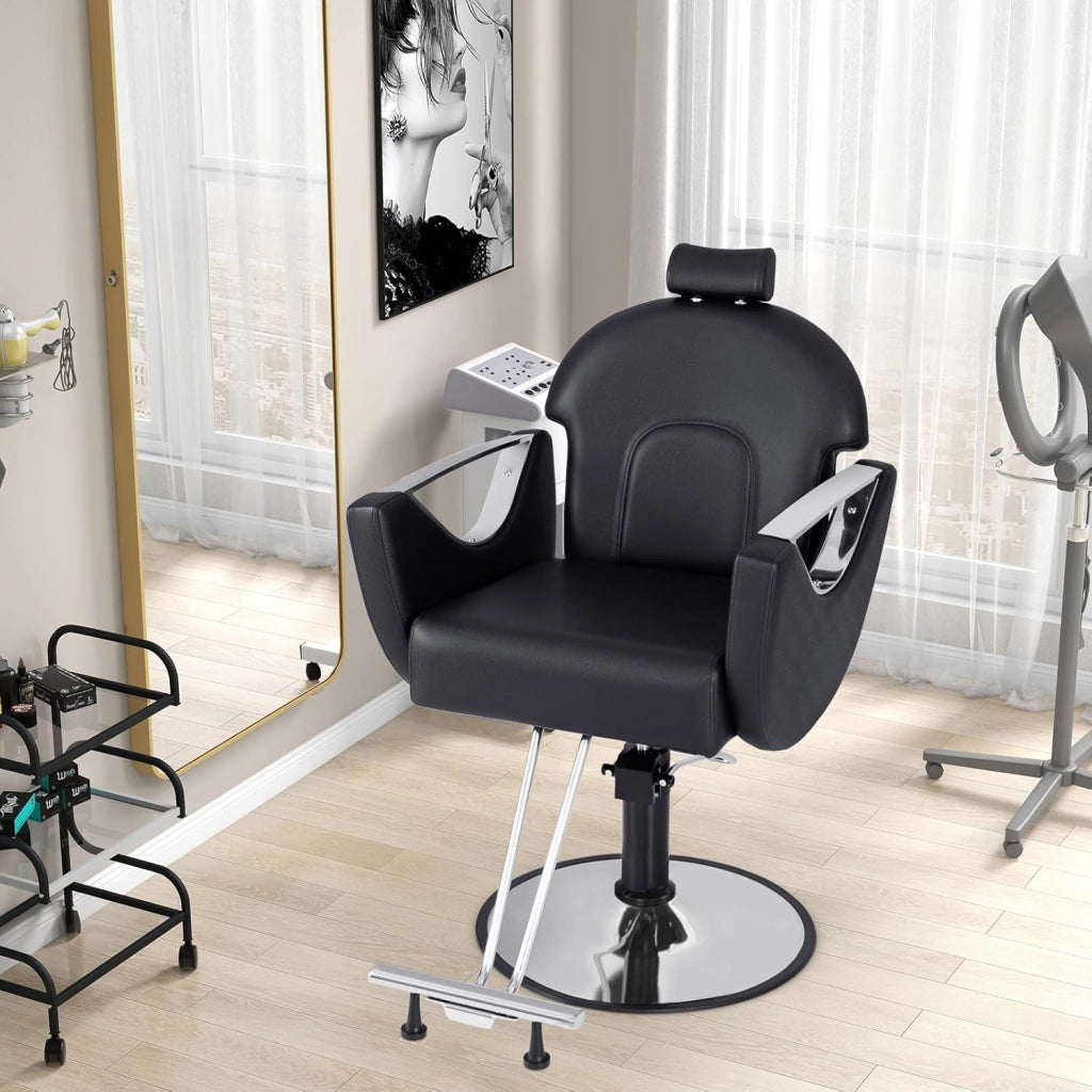 Poltrona da Barbiere Girevole, Sedia da Salone Reclinabile con Altezza Regolabile, Girevole a 360° con Pompa Idraulica, Poggiatesta, Portata 150 kg (Nero)