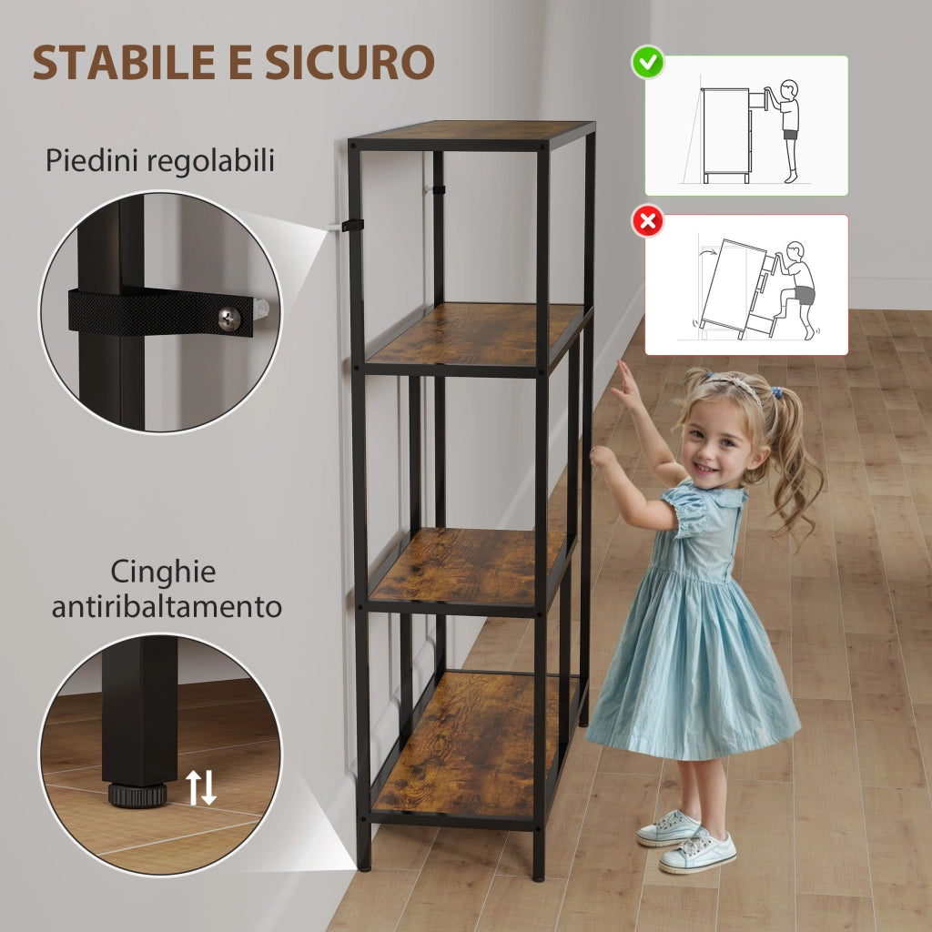 Libreria a 4 Ripiani in Stile Industriale 77x30x116 cm in Legno e Metallo Marrone Rustico