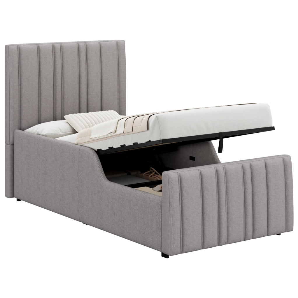 Letto imbottito 90x200 cm con contenitore e testiera trapuntata in lino grigio