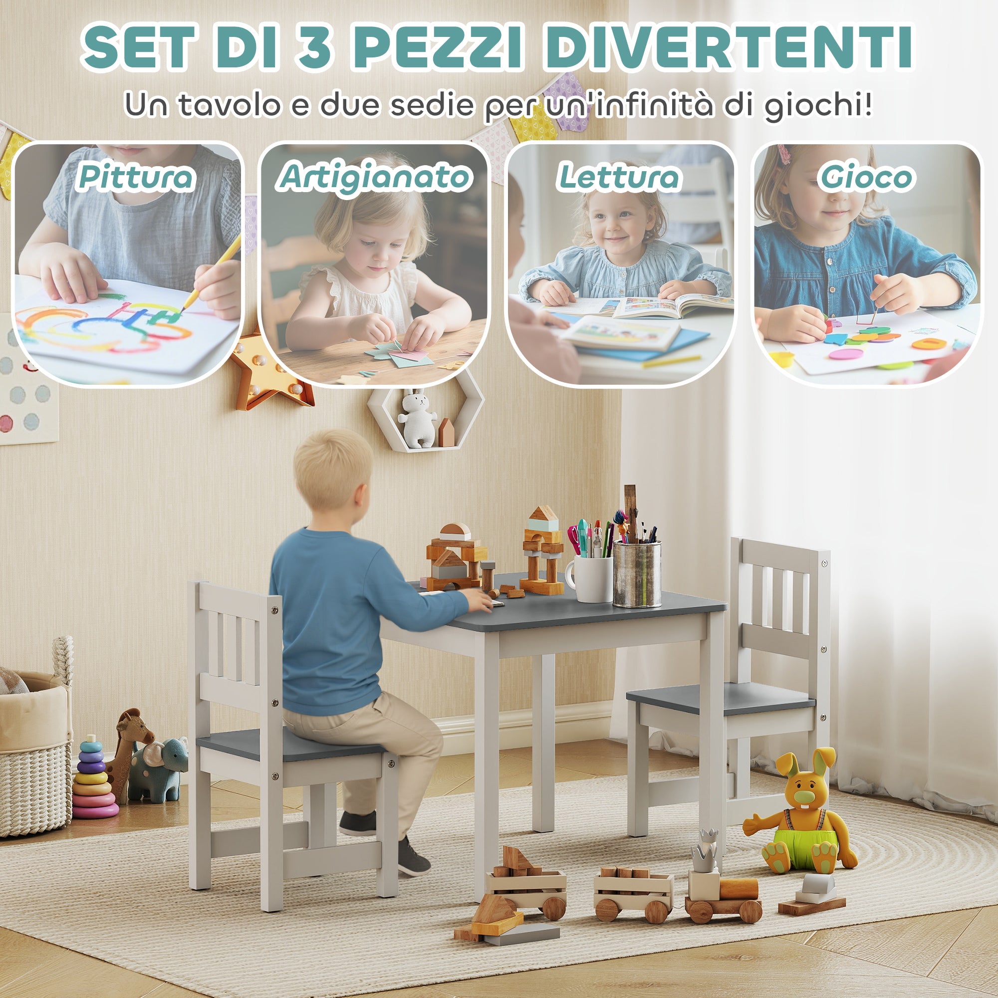 Set Tavolo e Sedie per Bambini da 3-8 Anni in Legno con Bordi Arrotondati Grigio e Bianco