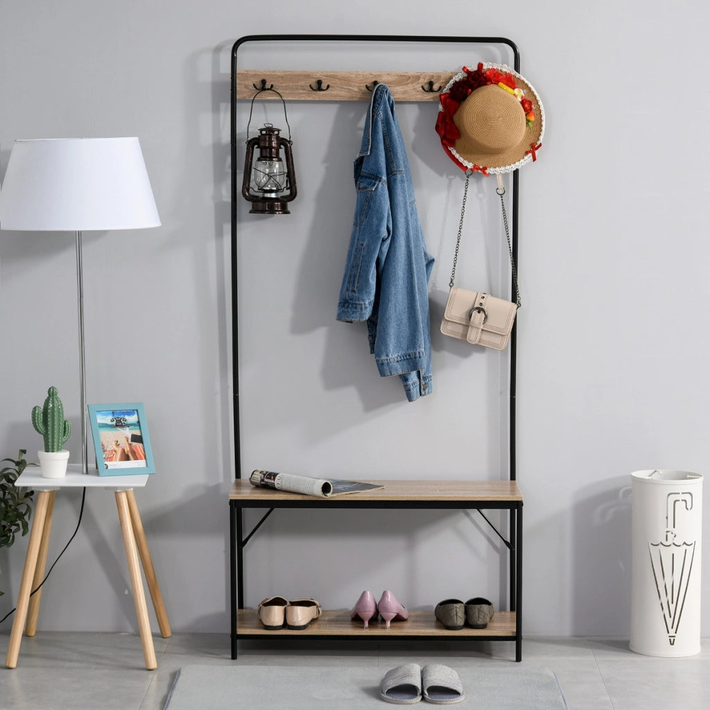 EasyComfort Appendiabiti con Panca e Scarpiera in Stile Industriale, Mobile per Ingresso Vintage in Legno e Acciaio Nero
