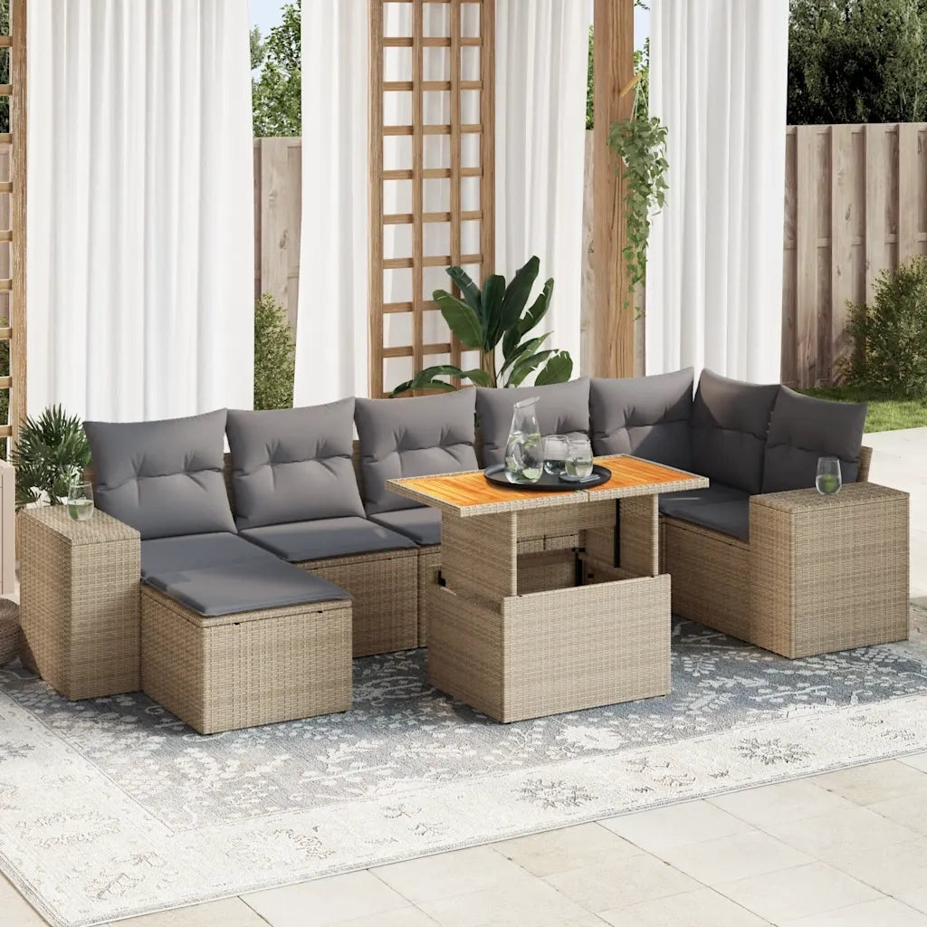 Set Divano da Giardino 8 pz con Cuscini Beige in Polyrattan