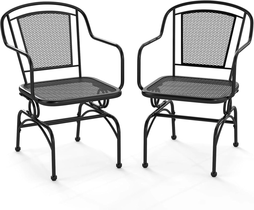 Set di 2 sedie a dondolo, schienale ergonomico, seduta in rete metallica, cuscinetti regolabili, sedia a dondolo per giardino, balcone, bordo piscina, capacità 150 kg, colore nero