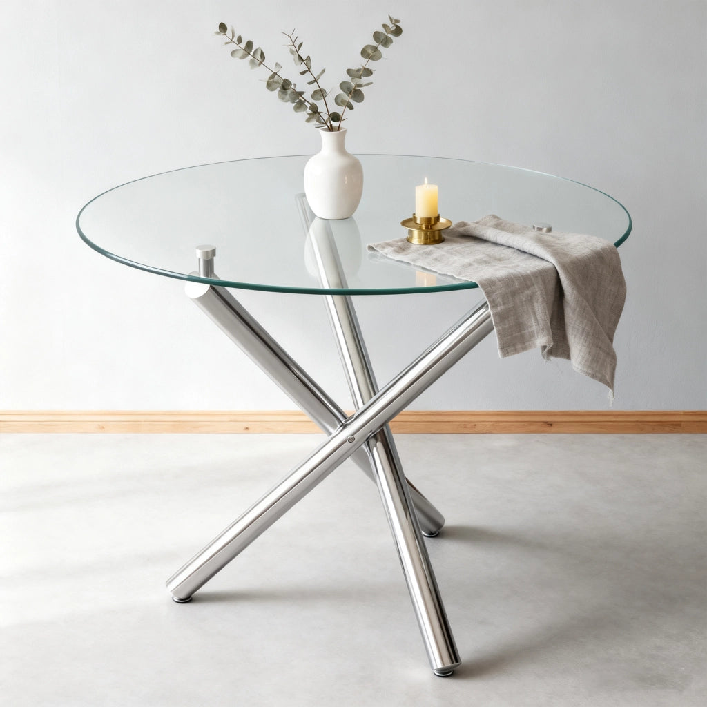 Tavolo da pranzo - rotondo in vetro temperato - gambe metalliche - 80x80x76 cm - stile minimalista moderno