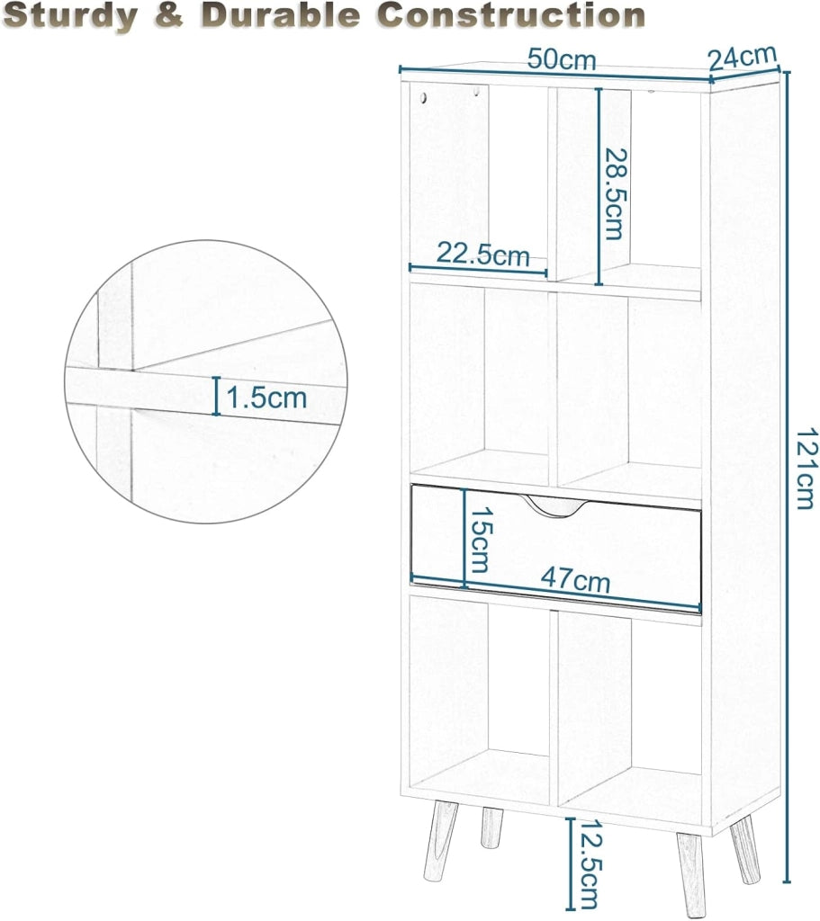 Libreria Moderna Bianca Scaffale Espositore a 6 Cubi Mobile Autoportante per Soggiorno con 1 Cassetto Gambe in Legno Bianco