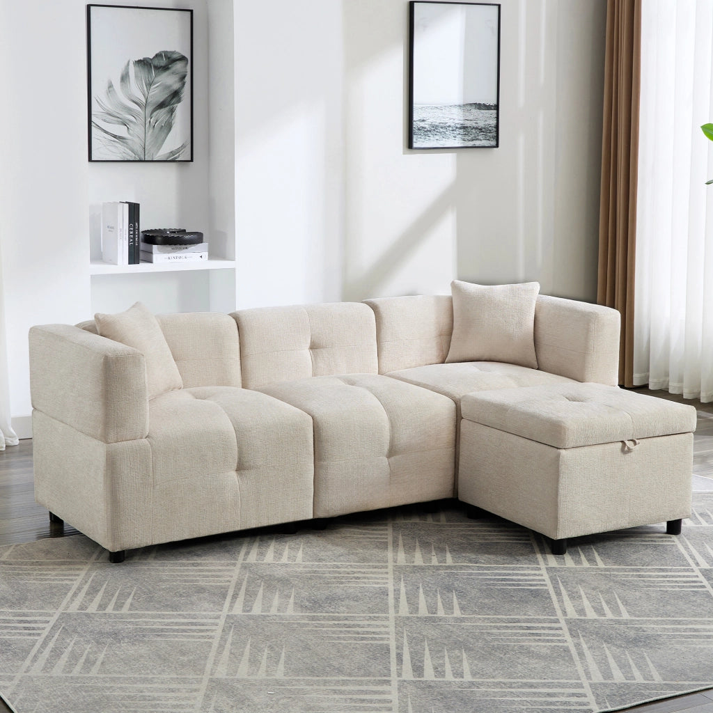 Divano modulare a 3 posti in chenille beige con poggiapiedi contenitore e 2 cuscini