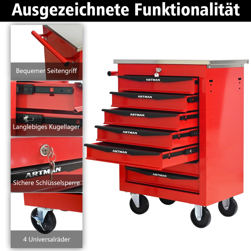 Mobile contenitore portautensili con 7 cassetti e ruote, chiusura a chiave, in acciaio, rosso nero, 62,5 × 34,5 × 78 cm