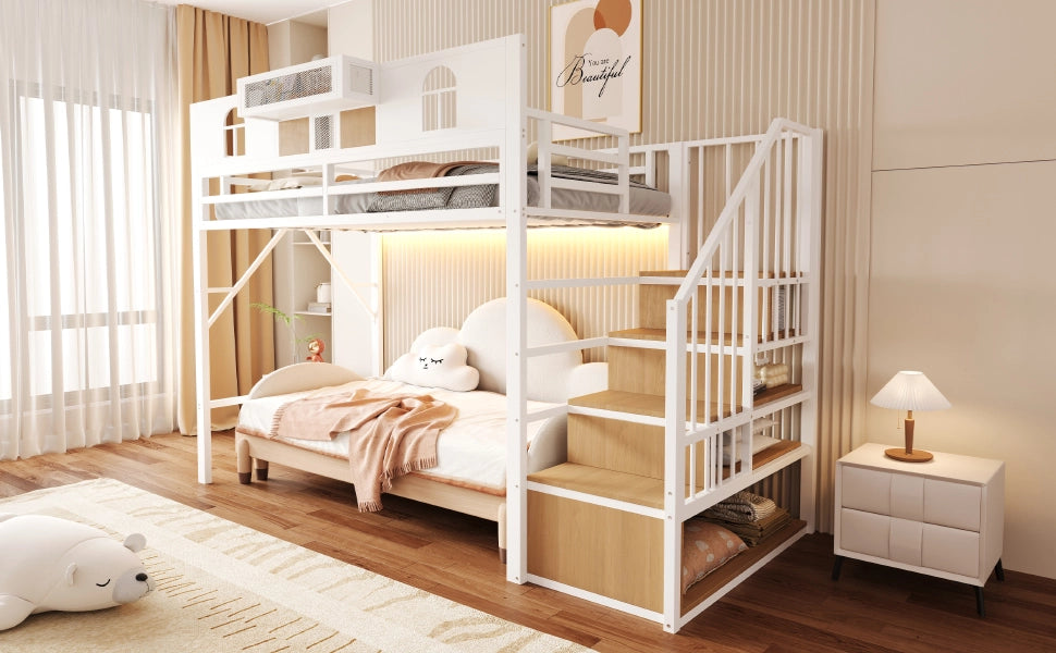 Letto a soppalco in metallo 90x200 cm con scala contenitore, mensola e luci, bianco