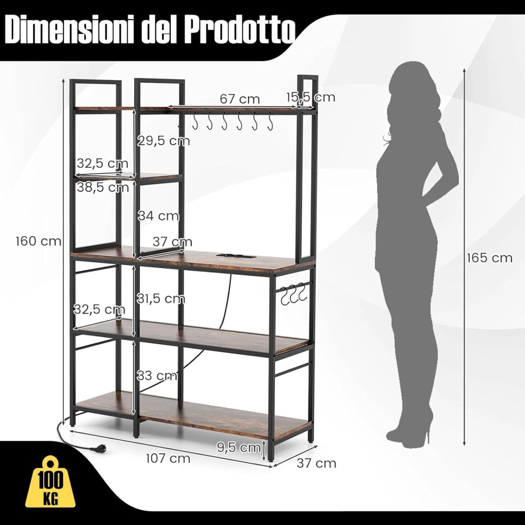 Scaffale da Cucina su 5 Ripiani, Scaffale per Microonde con Multipresa, Mensola da Cucina Struttura in Metallo con 10 Ganci, per Sala Pranzo e Pannettiera, 107 x 37 x 160 cm, Marrone Vintage