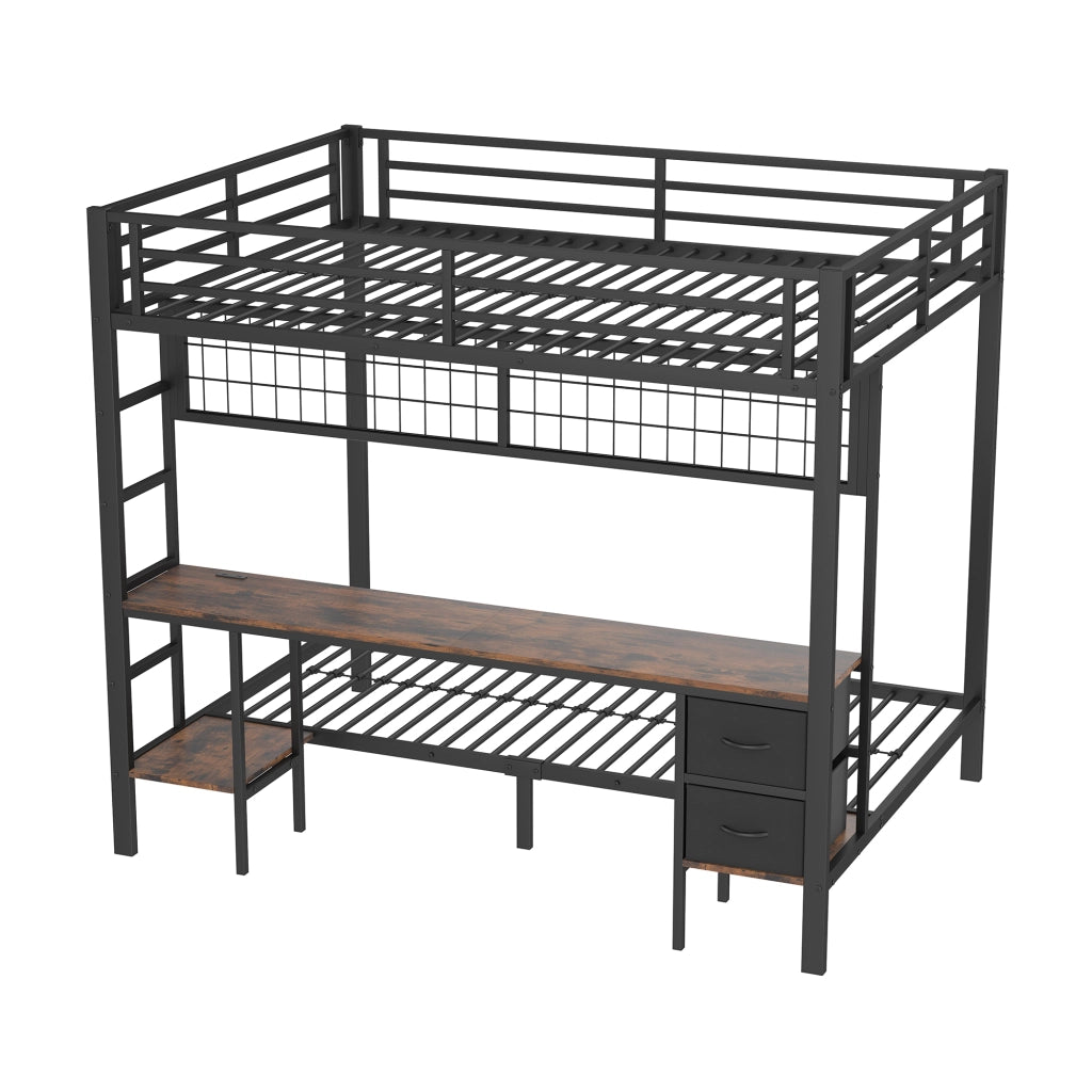 Letto a soppalco 140×200 cm con cassetti; ripiani; griglia; scrivania; LED e USB; senza materasso; metallo; nero