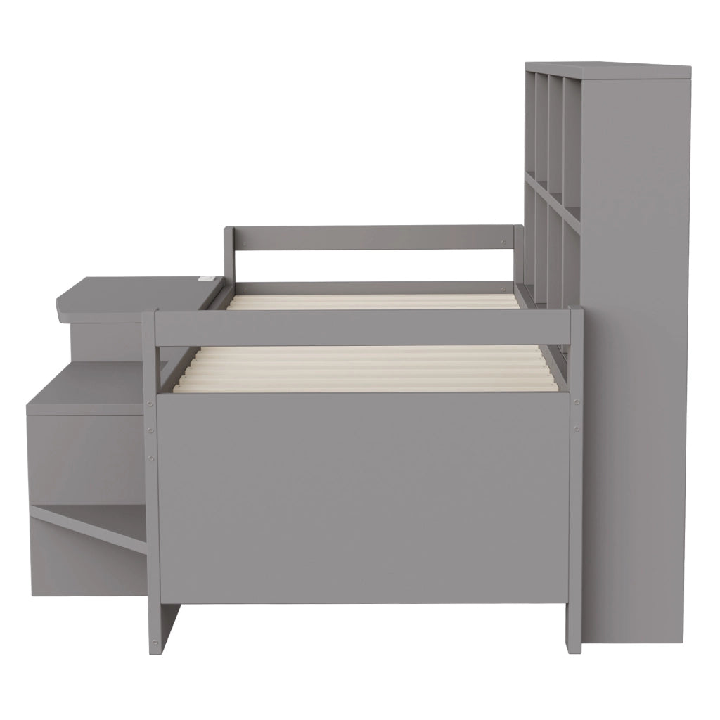 Letto a soppalco 90x200 cm con scrivania; vani portaoggetti e LED in legno e legno sintetico grigio