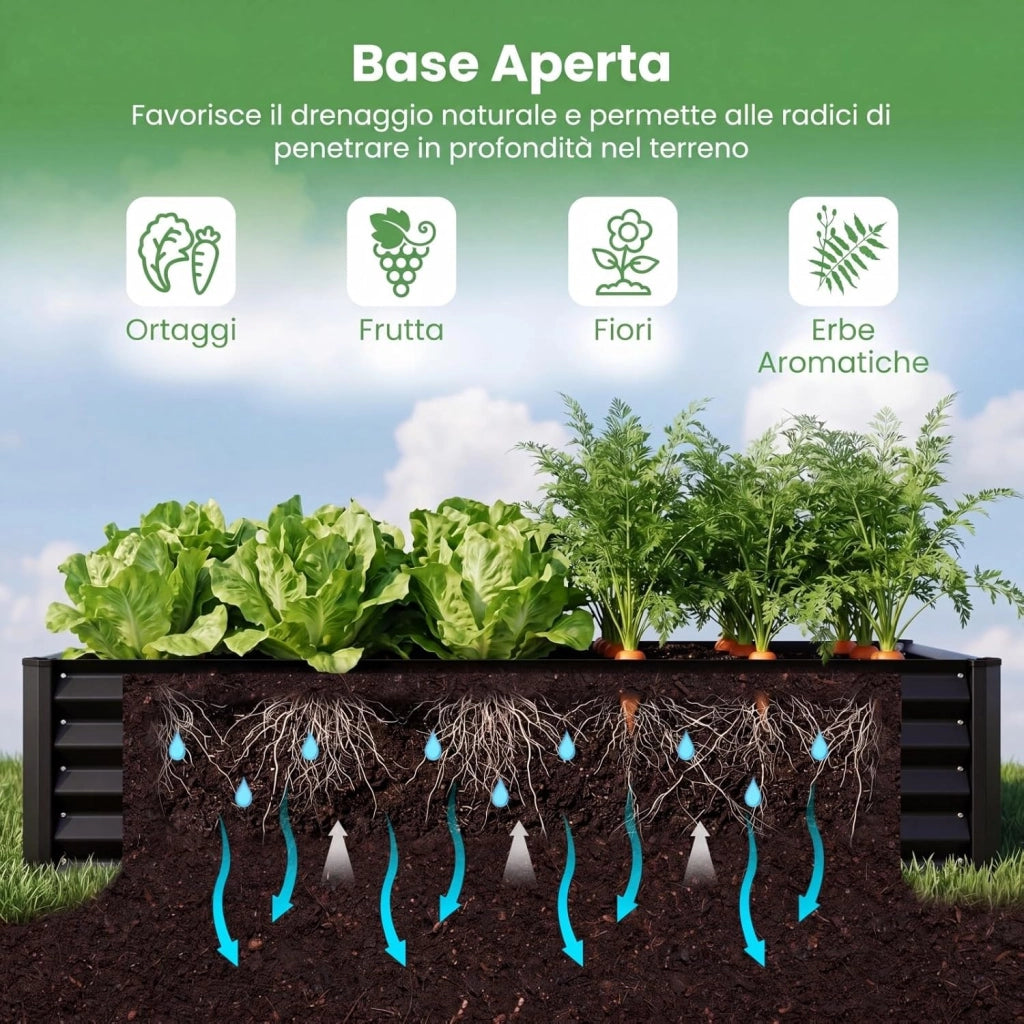 Orto Rialzato da Giardino con Serra, Fioriera da Esterno in Metallo con Copertura Apribile in PVC, Letto Rialzato da Esterno per Giadino, Cortile e Balcone 198 x 100 x 145 cm (Nero)