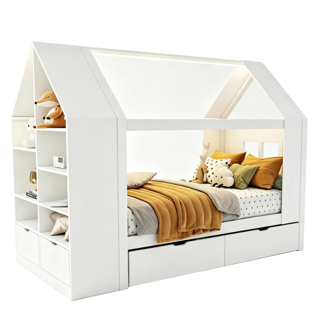 Letto a casetta per bambini 90x200 cm con 2 cassetti; LED e vano contenitore; bianco