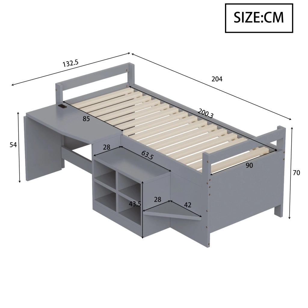 LETTO Multifunzione 90x200 cm Grigio in legno con scrivania, vani contenitori e prese