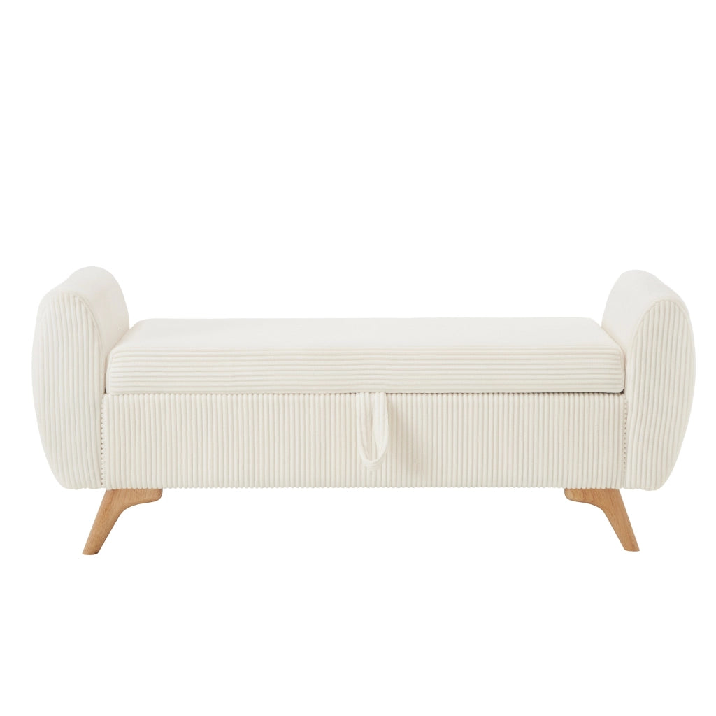 Panca contenitore pieghevole in velluto a coste con gambe in legno e vano interno, beige 145 × 51 × 57 cm