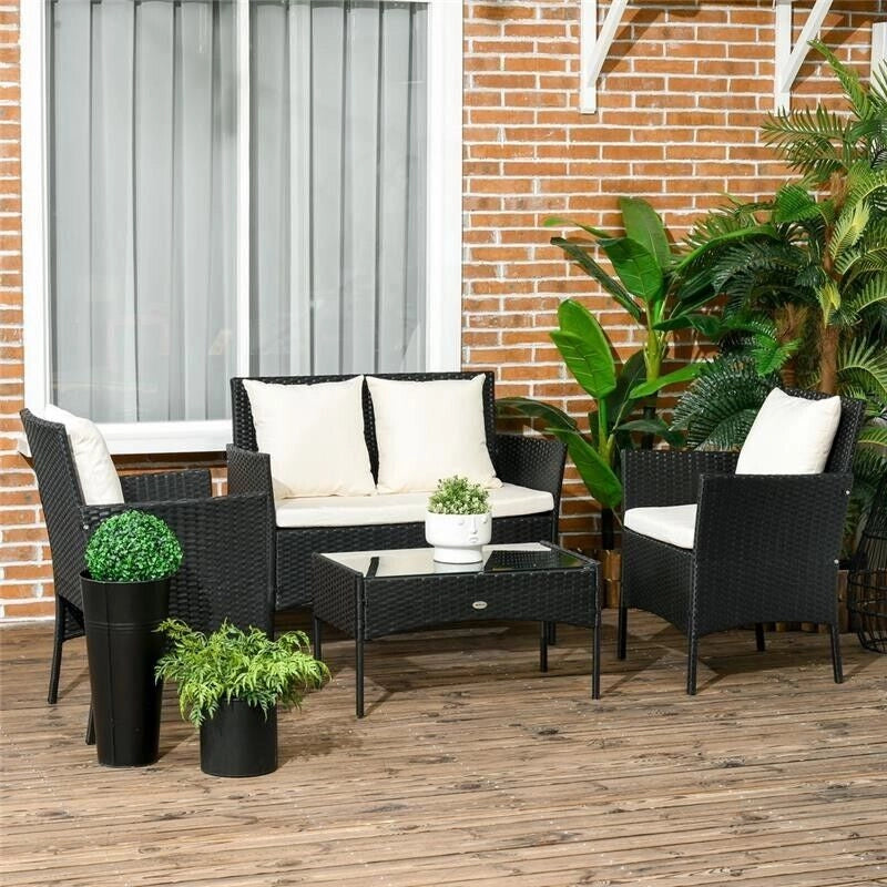 SET DA GIARDINO 4PEZZI IN RATTAN CON 2 SEDIE, POLTRONA DA GIARDINO A 2 POSTI E TAVOLINO BASSO