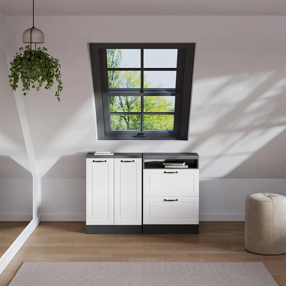 Set di mobili sottotetto Rion, Bianco casa di campagna, 120 cm Set di 2 carcasse armadio profondità 60 cm, adatto per il salvaspazio sotto tetti spioventi