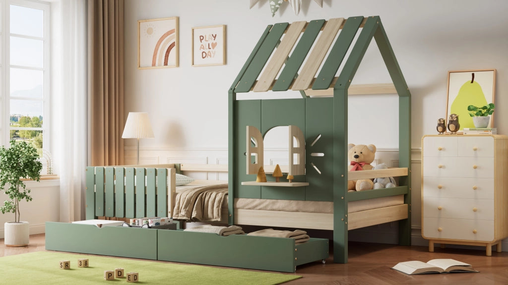 letto a casa in legno massello e mdf verde naturale 90x200 cm