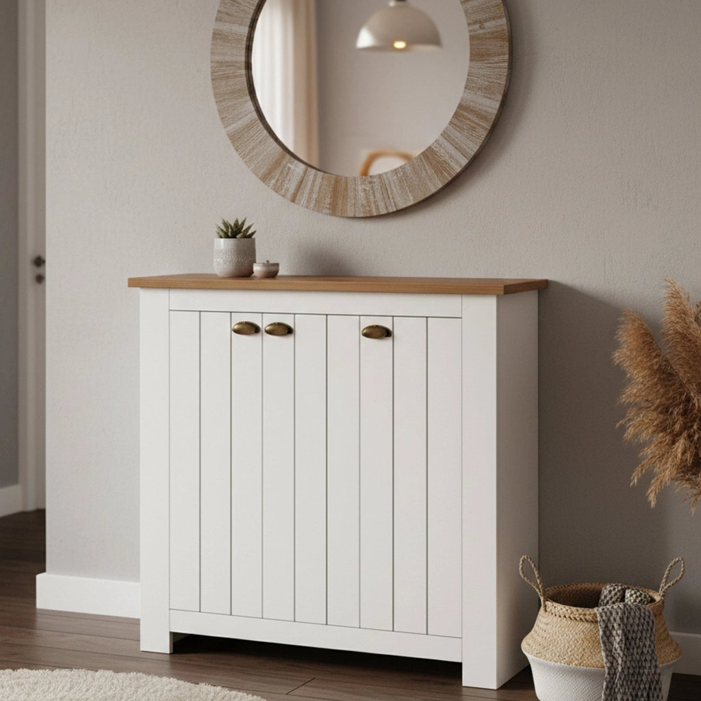 Scarpiera Seprio, Porta scarpe salvaspazio a 3 ante, Armadio multifunzione da ingresso, 114x42h100 cm, Bianco e Rovere