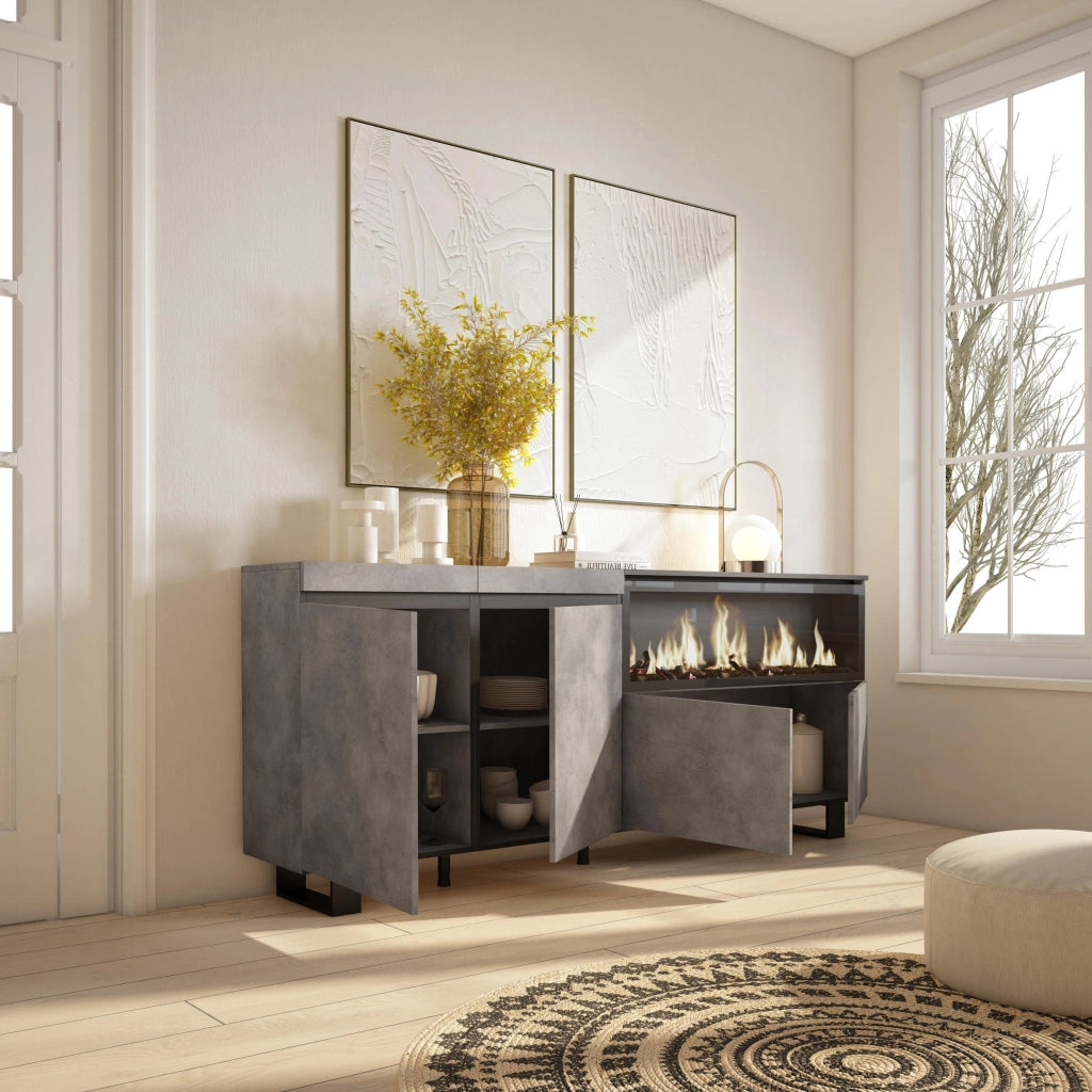 Credenza, Mobile, 208x35x87cm, 4 Porte, Camino elettrico XXL, Design industriale, grigio cemento RF3236