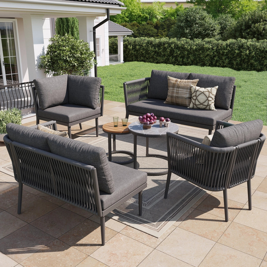 Mobili da Giardino con 2 Divani; 1 Poltrona; 1 Divano Angolare e 2 Tavoli; Metallo e Olefin; Grigio