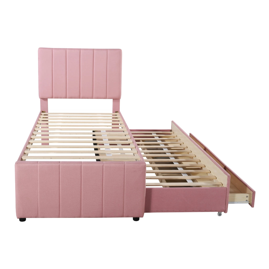 Letto imbottito singolo 90×200 cm con letto estraibile e 3 cassetti; rete inclusa; senza materasso; rosa