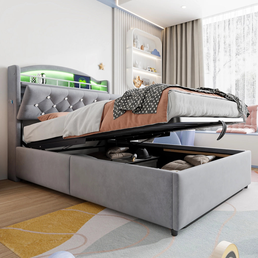 OKWISH Letto con Contenitore 90×200 cm, Letto Singolo con LED Regolabile, USB, Type C e Vano Contenitore, senza Materasso, Grigio