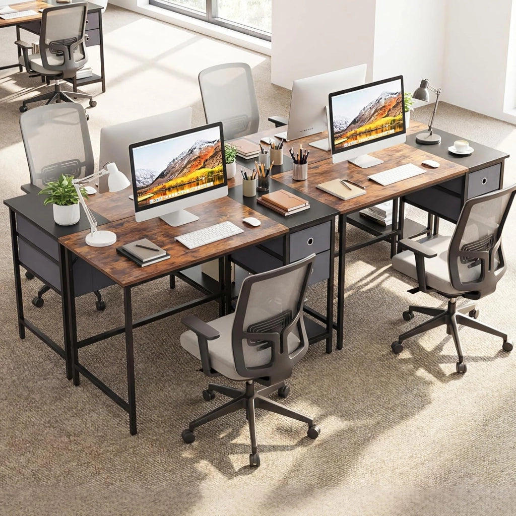 Scrivania per Computer, 120 x 60 x 75 cm, Scrivania Ufficio con 2 Cassetti e Ripiano, Tavolo Postazione di Lavoro, Studio e Lettura, Scrittoio Salvasapzio in Legno e Metallo (Marrone)