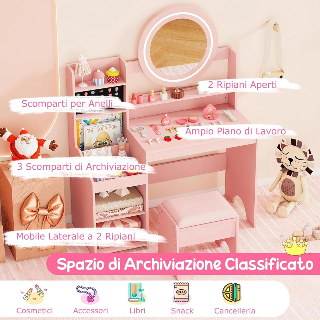 Toeletta Trucco per Bambina con Sgabello, Set Tavolo Trucco in Legno con Specchio Luci LED, Scaffale Aperta, Spazi per Annelli e Sgabello Imbottito, Mobile da Principessa per 3+ Anni (Rosa)