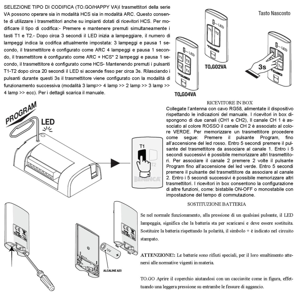Telecomando TO.GO 2 Canali Frequenza 433,92 MHz Portata Libera 60/100 MT Codice Sicurezza Advanced Rolling Code 128 Bit Batteria 12 V 23A Contenitore ABS Nero Tasti Gialli Comando Automatismo Benincà