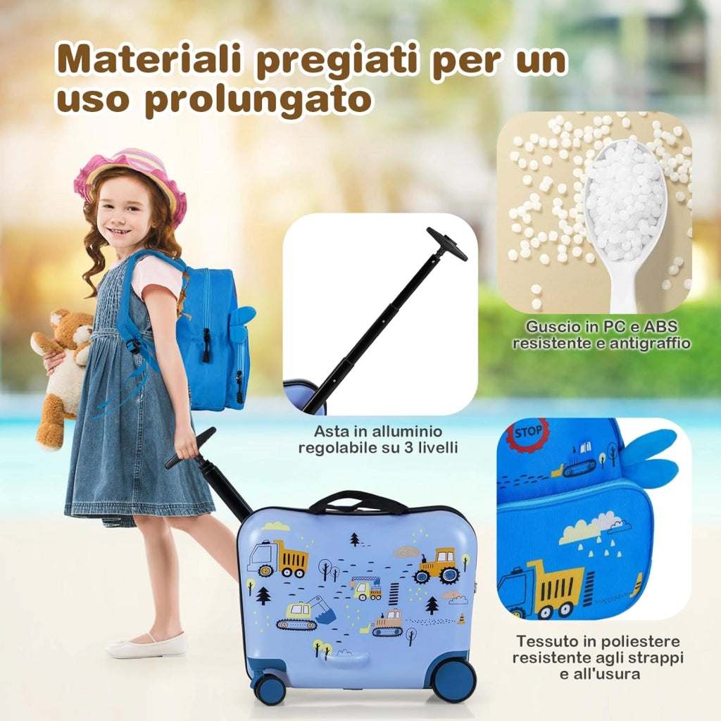Valigia Cavalcabile per Bambini, 18" Valigia+ 12" Zaino,2 Pezzi, Trolley Bambini Bagaglio a Mano con Ruote Girevoli e Maniglia Retrattile, 2 Cingie Multiuso (Modello 9)